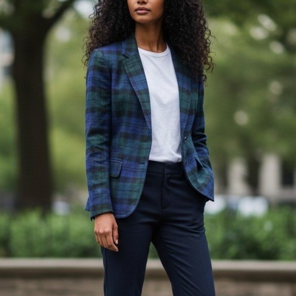 J. Crew Green and Navy Plaid Wool Blazer